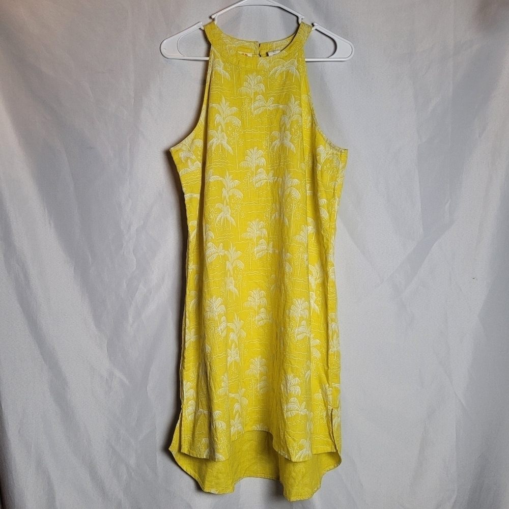 C&C California Yellow Tropical Floral Print 100% Linen Dress Size L Palm Tree
